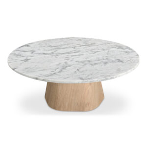 where a weighty base meets a visually light marble top. With five connected sides equipped with softened