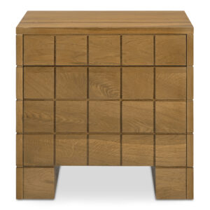 The nightstand’s striking geometry brings out the oak wood's mid-tone brown finish to blend seamlessly into various interiors with its subtle sophistication. This piece features a unique geometric arrangement with a top drawer composed of a single geometric row and a larger drawer comprised of three geometric rows beneath while maintaining a light