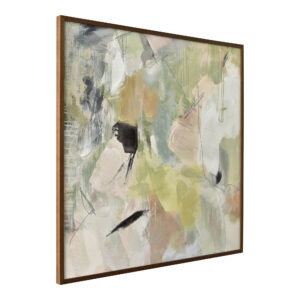 muted pastels with more graphic black shades as soft tones add a sense of serenity and tranquility to the abstract piece. The warm brown finish of the solid pine frame highlights the presentation with a vintage feel.