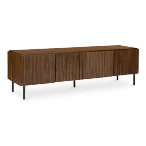 the Lincoln media cabinet finds beauty in the old-world charm of clinker craftsmanship by featuring design elements reminiscent of this traditional building style. This piece showcases overlapping wooden panels across its front. .