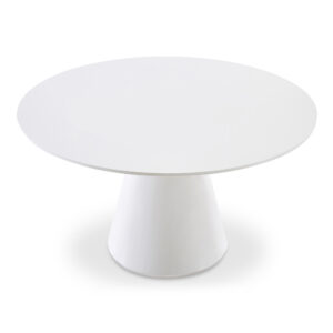 the circular Otago dining table can seat up to eight people in style. The all-white base and top give this table a sleek aesthetic