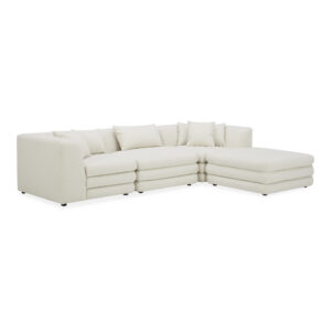 the Lowtide lounge modular sectional configuration showcases a layered appearance that promotes comfort. Textured fabric enhances its vintage influence and understated elegance