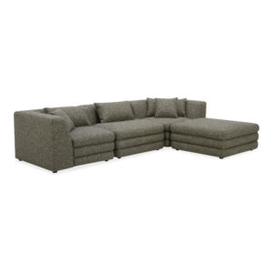 the Lowtide lounge modular sectional configuration showcases a layered appearance that promotes comfort. Textured fabric enhances its vintage influence and understated elegance