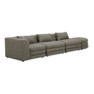 the Lowtide linear modular sectional configuration showcases a layered appearance that promotes comfort. Textured fabric enhances its vintage influence and understated elegance