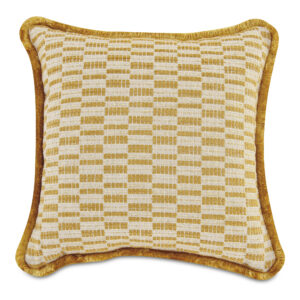 The Leone cushion adds vintage charm and contemporary flair with its bold geometric print in vibrant chartreuse. Meticulously crafted with a dense fringe trim