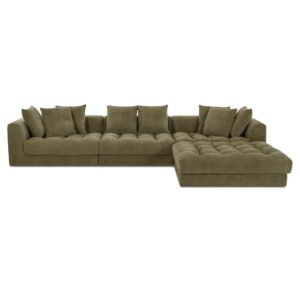 Bring the whole crew—Davie’s lounge sectional makes space without feeling fussy. Modular pieces in earthy olive textured chenille keep the look warm and inviting. Plush cushions stack a foam core with feather-and-fiber wrap