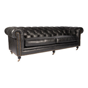 the Birmingham Sofa adds sophistication to your living space with its top-grain leather's deep charcoal. Sharp details are apparent in the chesterfield's tufted back