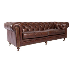 the Birmingham Sofa adds sophistication to your living space with its top-grain leather's rich brown. Sharp details are apparent in the chesterfield's tufted back