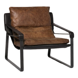 the Connor club chair is an indulgence in luxurious lounging with a distinctive leather sling artfully reclined for maximum relaxation. A sleek and robust iron frame imparts an industrial edge to the smooth brown leather - a harmonious blend of sculptural allure and leisurely comfort.