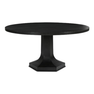 The Ethan dining table blends geometric precision with fluid grace. Its substantial tabletop rests upon a hexagonal base with gently curving sides