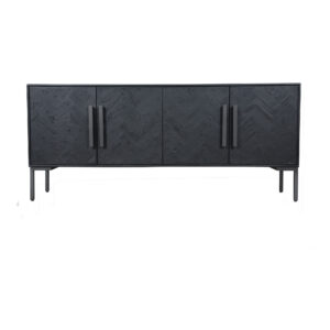 Meet the sideboard that tidies up while looking busy in the best way. Fishbone mixes graphic door patterning with a grounded