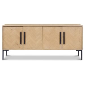 Meet the sideboard that tidies up while looking busy in the best way. Fishbone mixes graphic door patterning with a grounded