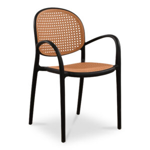 its intricately woven seat and back create a visual tapestry. Stackable and weather-resistant