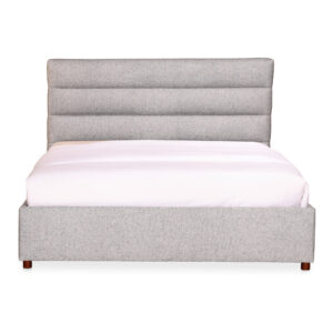 Modern and minimal. The Takio bed is softly upholstered in light grey polyester fabric for a soothing feel before you drift off to dreamland. Lightly stuffed and tufted on top of a solid wood construction for ultimate comfort.