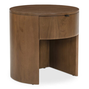 rounded silhouette in solid oak with a warm brown finish. Its minimalist form brings soft geometry to modern bedrooms