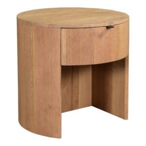 rounded silhouette in solid oak with a semi-gloss natural finish that highlights the wood’s lighter grain and tone. Its minimalist form brings soft geometry to modern bedrooms