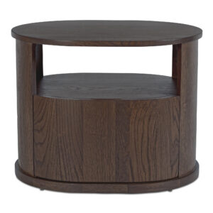 The Tommy nightstand embraces modern simplicity in rich dark brown. Its distinctive racetrack capsule shape adds a contemporary touch to the bedroom