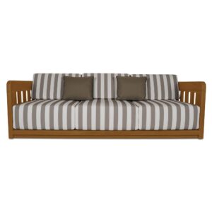 The Adelaide outdoor sofa infuses the outdoor space with vintage-inspired charm. This contemporary sofa features a solid teak frame and quick-dry foam cushions upholstered in 100% Olefin fabric. The brown and white striped cushions
