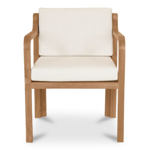 The Nellie outdoor dining chair elevates outdoor dining with comfort and enduring style. This foundational piece features a solid teak frame with quick-dry foam cushions upholstered in white 100% Olefin fabric. The curved back with gradually sloping arms creates a welcoming silhouette whose form is durable and weather resistant.