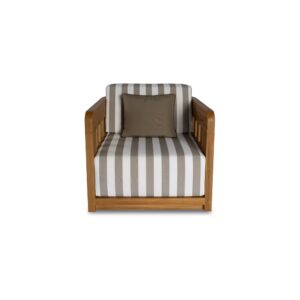 The Adelaide outdoor accent chair infuses the outdoor space with vintage-inspired charm. This contemporary accent chair features a solid teak frame and quick-dry foam cushions upholstered in 100% Olefin fabric. The brown and white striped cushions