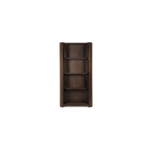 Storage that deserves to be displayed. Nera softens the standard bookshelf silhouette with sculptural curves and a warm mahogany finish. Rounded sides and gently arched shelves mirror each other for a cohesive