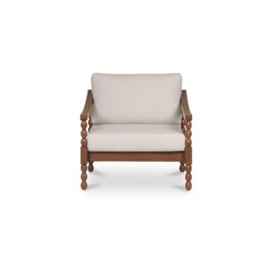 Turned leg? Take it outside. A solid teak frame channels a classic turned-leg shape