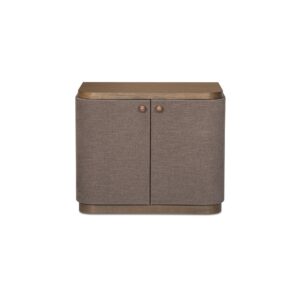 Meet Simone: the nightstand that plays both sides. Wrapped in linen-like fabric with a warm brown tone