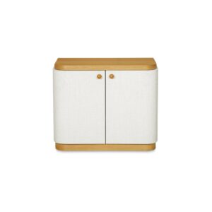 Meet Simone: the nightstand that plays both sides. Wrapped in linen-like fabric with a soft cream tone