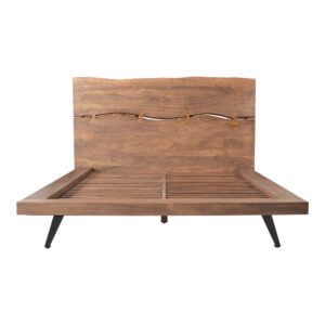 this bed showcases a low platform design accentuated by an organic edge headboard