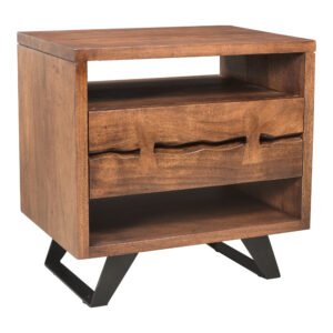 the Madagascar nightstand offers an aesthetically pleasing rugged appeal blending rustic and industrial design. Thoughtfully designed with a single drawer between two open spaces to cater to your bedside essentials