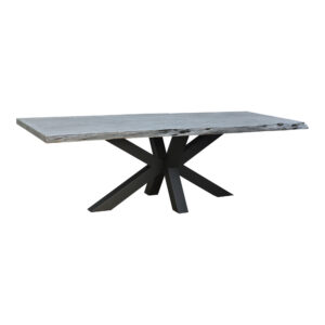 the Edge Dining Table features a live edge. Thick slabs of solid acacia wood add a natural component to the grey stained wood. A solid iron base adds a contemporary modern twist.