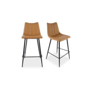 the Alibi counter stool features striking vertical line stitches that add subtle detail to its monochromatic design. A soft vegan leather seat is shaped to fit for comfort so guests can relax at the island or bar counter.