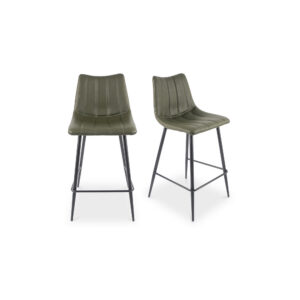 the Alibi counter stool features striking vertical line stitches that add subtle detail to its monochromatic design. A soft vegan leather seat is shaped to fit for comfort so guests can relax at the island or bar counter.