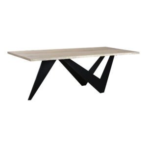 a showcase for the wood’s inherent beauty and natural qualities. Supporting the tabletop is an iron base