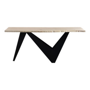 a showcase for the wood’s inherent beauty and natural qualities. Supporting the tabletop is an iron base