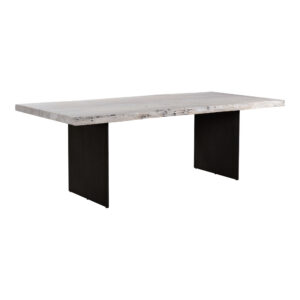 the Evans Dining Table is the center of the fun. Made with a white washed solid acacia wood and dark iron legs