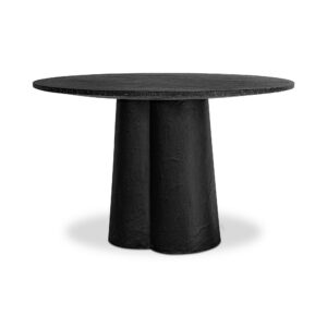 a dining table perfect for interior spaces as well as outdoor oases. A ribbed central base provides both practical and artistic flair flowing upward into a round terrazzo tabletop with natural flecks and pops of minerals.