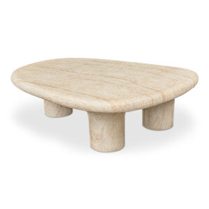 The Warby outdoor coffee table is designed with a sense of playfulness and organic form and crafted through an innovative water transfer process that  patterns onto concrete to give the sophisticated appearance of travertine. This technique provides the piece with the authentic feel of stone while maintaining the resilience of concrete.