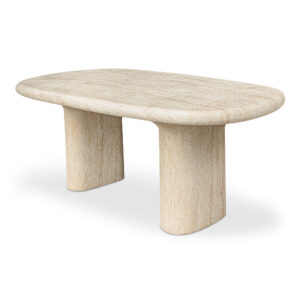 The Warby outdoor dining table is designed with a sense of playfulness and organic form and crafted through an innovative water transfer process that patterns onto concrete to give the sophisticated appearance of travertine. This technique provides the piece with the authentic feel of stone while maintaining the resilience of concrete.