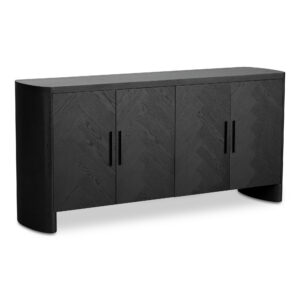 modern silhouette with a rounded edge frame and base. A herringbone pattern embellishes its door front