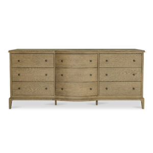 The Sadie 9-drawer dresser's gentle curves and wire-brushed oak finish embrace modern traditionalism. The artfully designed overhang with rounded edges and curved front offers a soothing visual rhythm. Nine spacious drawers with delicate metal knobs provide ample storage
