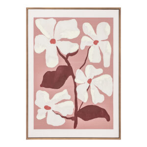 The Blush framed painting offers a contemporary twist on floral art. This unique piece features a print on canvas enhanced with added paint texture for a tactile experience. Its warm pink hues evoke a vintage feel