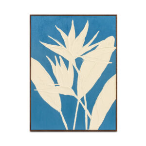 The Paradis framed painting captures the vibrant essence of the bird of paradise flower through its expressive shape and bold angular form. Set against a solid