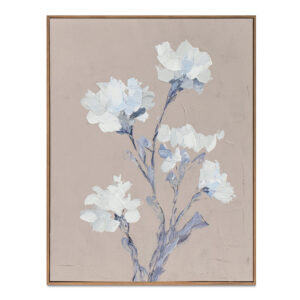 A compelling bloom unfolds in the Caspia framed painting. Thoughtful layers of acrylic paint reveal an abstract floral form punctuated by a striking blue stem. The minimal neutral background evokes organic charm