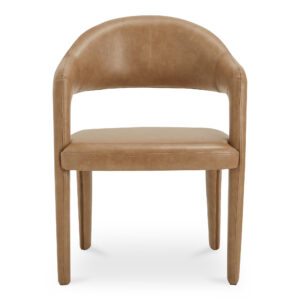 The Martens dining chair features an open barrel back and a continuous curve from leg to frame. Its iron frame is complemented by generously padded seating