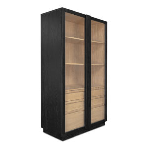 the Charlotte tall cabinet features a captivating two-tone design with a sleek black outer frame and natural interior. Tempered glass doors offer a stylish