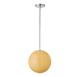 The Ida pendant light elegantly intertwines vintage charm with polished modernity. Its opaque shade is drenched in an ambrosial amber that projects an intimate luminance. Adorned with polished silver detailing