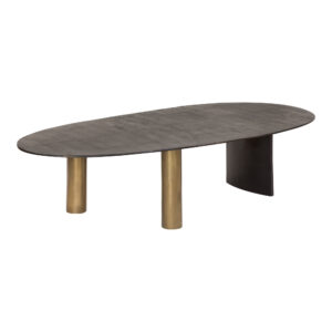 the Nicko coffee table is a unique add-on to the living room. The table tops oval shaping and worn in lines bring in a natural and aged aesthetic to its metal structure.