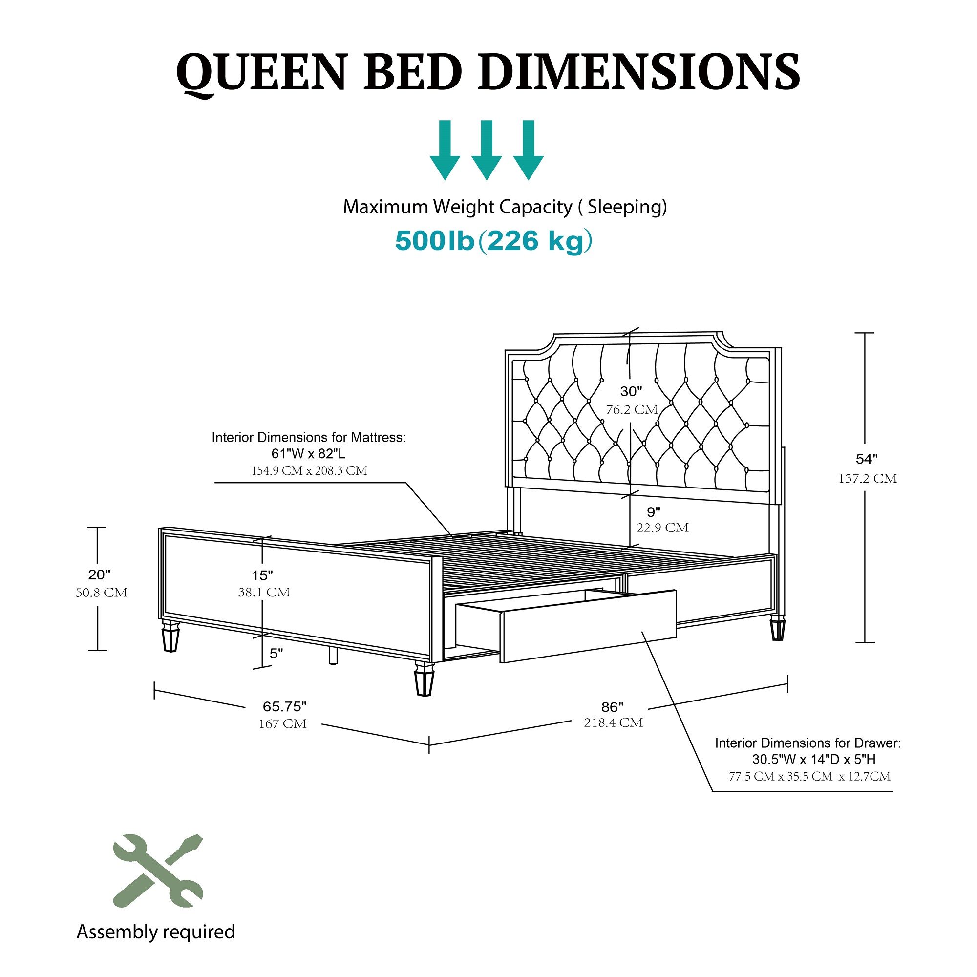 Victoria Wood Bed with Upholstered Headboard and Built-In Storage Drawer