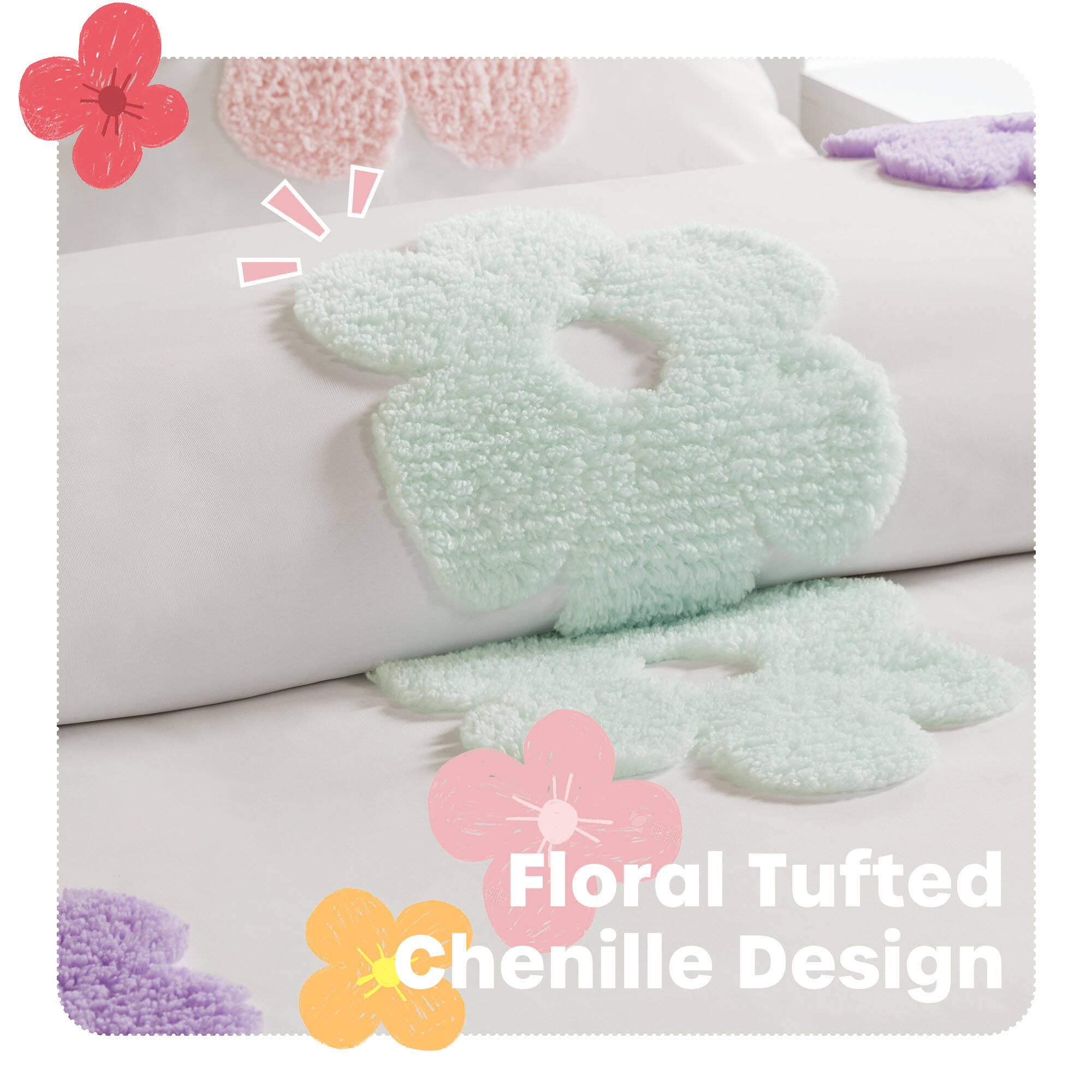 Gracie Floral Reversible Tufted Chenille Comforter Set with Flower Throw Pillow